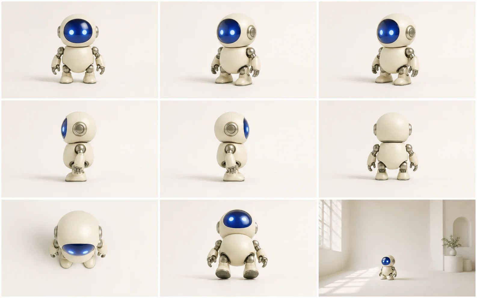 Nine camera angles of a consistent robot character