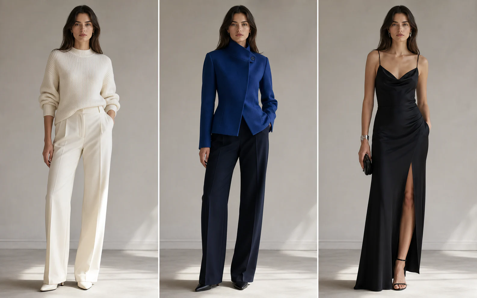 Three outfit variations on the same fashion model