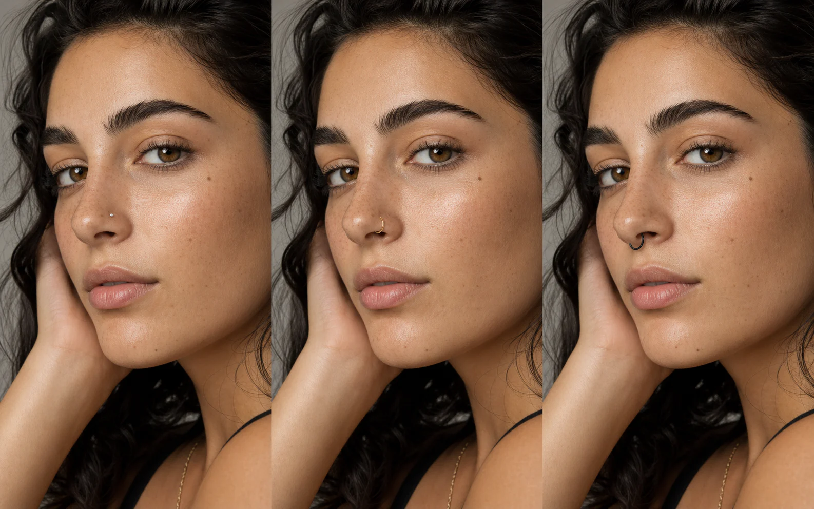 Silver, gold, and black nose piercing previews on one portrait